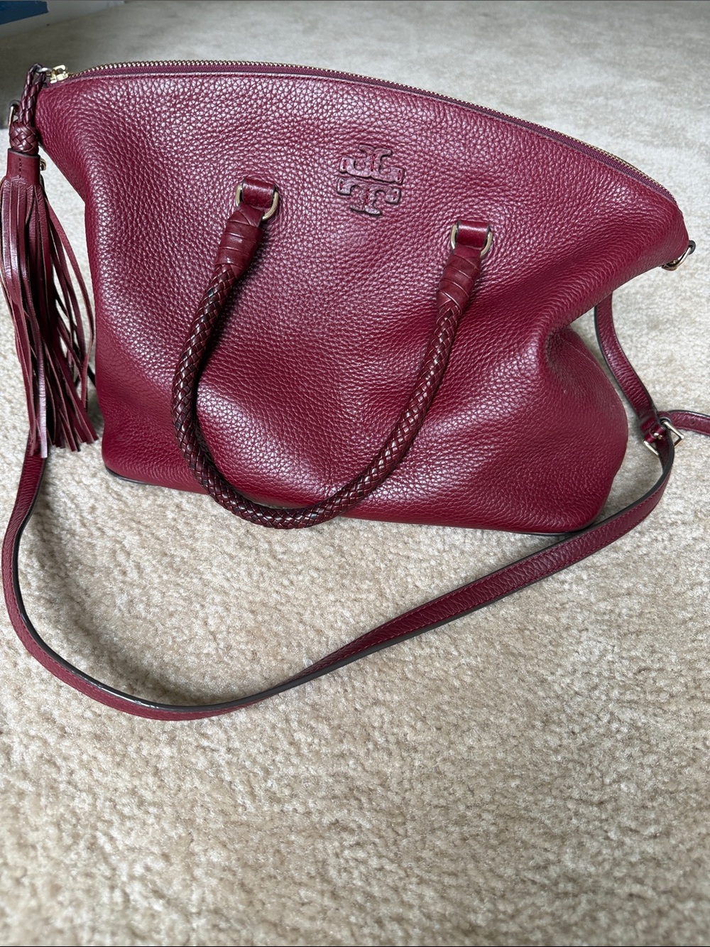 Tory Burch Wine Pebbled Leather Shoulder Bag with Tassel